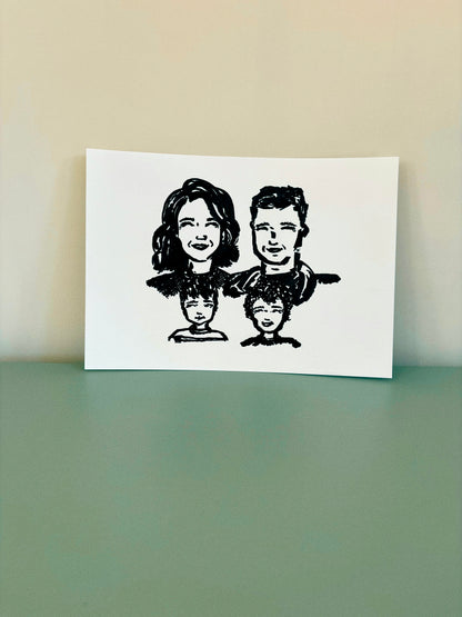 A cute hand drawn portrait of a family on premium card stock. 